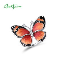 Genuine 925 Sterling Silver Rings For Women White CZ Coral Red Enamel Butterfly  - £42.55 GBP