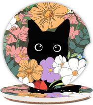 Cute Black Cat Car Coasters for Drinks Absorbent, 2 Pack Cup Holders, 2.56&quot; Cera - £10.71 GBP