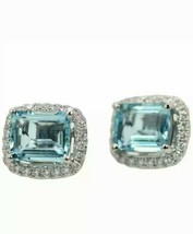 2ct Emerald Cut Blue Aquamarine Diamond Halo Stud Earrings 14k White Gold Over - £73.62 GBP