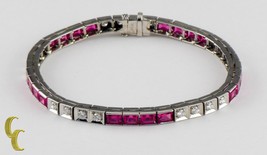 14K or Blanc 11.00 Carat Labo Rubis et Diamant Tennis Bracelet Taille 7.25 - £3,323.42 GBP