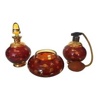 Antique Bohemian Crystal Perfume Bottle Decanter Jar Set with 24K Gold - £319.73 GBP