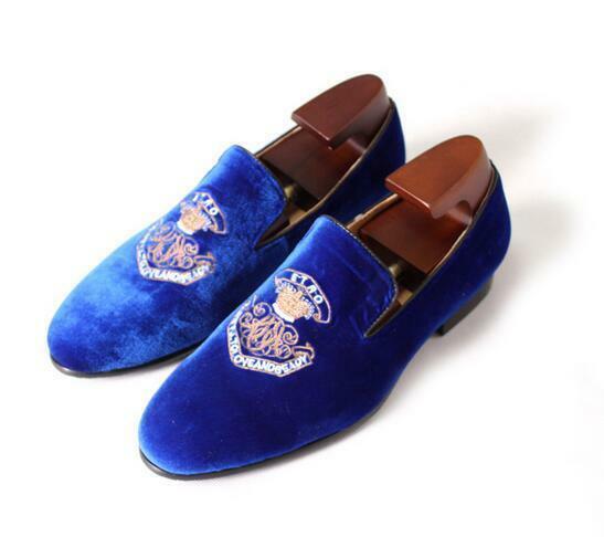 New Men Blue Velvet Loafer Embroidered Slippers Party Wear Black Sole Shoes 2019