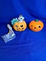 Vintage Lighted Porcelain Pumpkin With Ghost And Ceramic Tea Light Pumpkin - £26.48 GBP