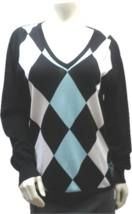 St. Andrews Black and White Blue Argyle V Neck Sweater Top, Unisex Style - £27.17 GBP