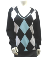 St. Andrews Black and White Blue Argyle V Neck Sweater Top, Unisex Style - £26.73 GBP