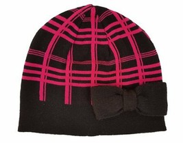 KATE SPADE New York SCUBA Plaid BEANIE Hat with BOW Black / Pink SWIRL O... - £55.37 GBP