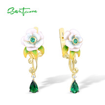 Genuine 925 Sterling Silver Drop Earrings For Women Green Gems White CZ Flower C - £56.37 GBP