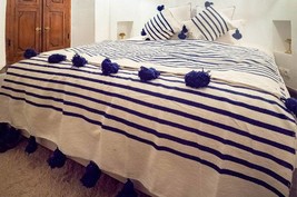 Blue handmade moroccan blanket, Berber blanket, woven blanket, Cotton blanket - £117.72 GBP