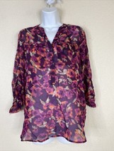 Apt 9 Womens Size S Sheer Purple Floral Pocket Blouse Long Roll Tab Sleeve - £6.00 GBP