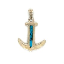 Vintage Sterling Signed Handmade Inlay Turquoise Stone Nautical Anchor Pendant - £36.53 GBP