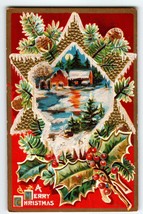 Christmas Postcard Country Cottage Festive Star Moon Snow Pinecones Nash... - $12.54
