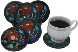 Decorative Stone Green Marble Coaster Set Carnelian Inlay Floral Art Gif... - $356.75