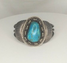 Native American Signed JT Blue Turquoise Sterling Silver 925 Bracelet Cuff - £228.70 GBP