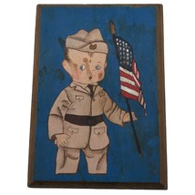 Vintage Hand Painted Military  Boy Soldier American Flag Wooden Hanging Plaque - £19.41 GBP