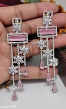 Bollywood Style Indian Silver Plated CZ Dangle Earrings Fashion Pink Jewelry Set - £59.85 GBP