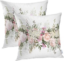 Pink Flowers And Leaves On Beige Watercolor Floral Double Sided Throw Pillow - £30.29 GBP