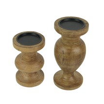 Set of 2 Turned Wood and Metal Pedestal Pillar or Votive Candle Holders - £30.26 GBP