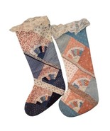 2  Christmas Stockings Vintage Pieced Cotton Patchwork Blue Pastel Handmade - £20.94 GBP