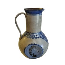 Vtg Hand Made Moroccan Pitcher Red Clay Hand Painted FREE SHIP Blue on Gray AsIs - £35.97 GBP