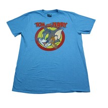 Tom Jerry Shirt Mens M Blue Crew Neck Short Sleeve Graphic Print Pullover Tee - £12.31 GBP