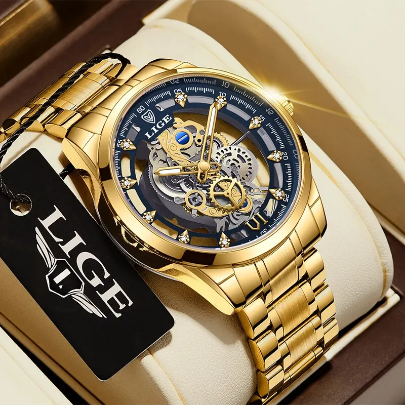 New Men Watch Skeleton Quartz Wristwatch Gold Skeleton Retro Man Watch T... - $60.56
