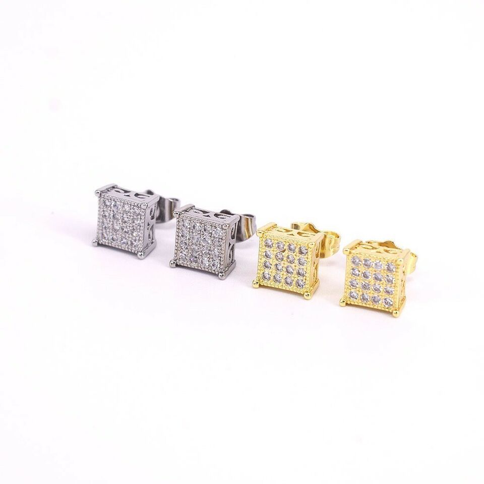 Iced cut Square push Back Stud men&#39; Earrings 18k Layered real gold filled  - $10.00