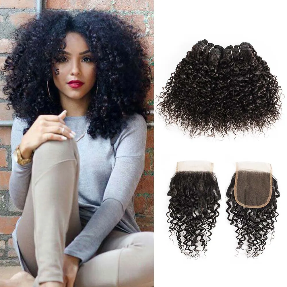 50g/pc Bundles with Closure 4x4 Transparent Lace Free Part Jerry Curly Natural - £58.97 GBP+