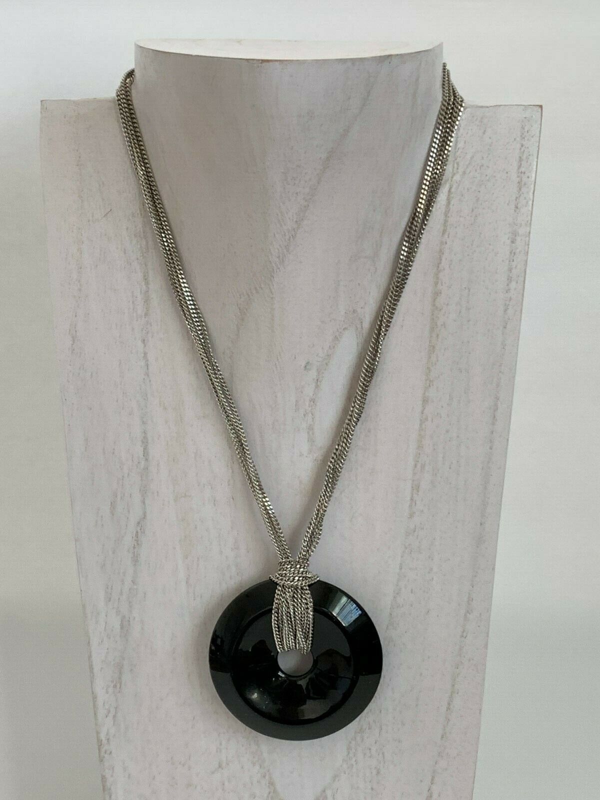 Baccarat B Spirit Large Black Disc Crystal Pendant Necklace with Sterling Chains - $345.51