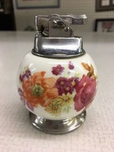 Vintage Chrome &amp; Bone China Table Lighter Roses Flowers - $54.74 CAD