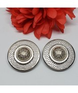 Large Round Textured Faux Snake Leather Silver Tone Pierced Earrings - £13.25 GBP