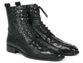 Paul Parkman Mens Shoes Boots Black Crocodile Embossed Lace-Up Leather BT744-BLK - £399.59 GBP