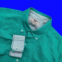 Hickey Freeman 100% Linen Shirt Long Sleeve Plaid Flip cuff Teal Green M... - $239.60 MXN