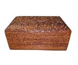 Vintage Indian Mughal Floral Design Hand Carved Wood Box 6x4 - £34.17 GBP
