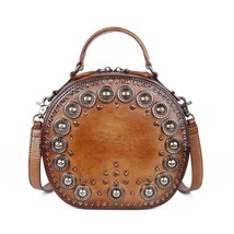 Retro Top-handle Bag Handmade Rivet Round Bags For Women New Genuine Lea... - £97.89 GBP