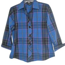 Foxcroft Womens Blouse Size 6 Button Front 3/4 Sleeve V-Neck Blue Plaid - $15.97