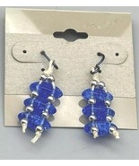 Vintage Czech Dangle Earrings Blue Glass Silver Beads Waxed Linen Hooks ... - $7.74