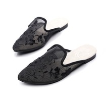 Veowalk Lace Mesh Women Pointed Toe Slippers Flowers Embroidered Summer Flat Mul - £28.42 GBP