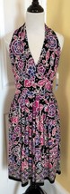 LONDON TIMES Black/Orchid Pink Floral Print Stretch Jersey Halter Dress ... - $29.30