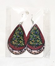 Christmas Tree Teardrop Dangle Pierced Wire Hook Earrings  2&quot; Handmade Red Green - £11.68 GBP