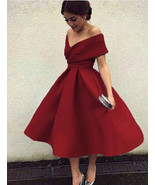 Off the Shoulder Tea Length Burgundy Prom Dresses Homecoming Dresses - £88.19 GBP
