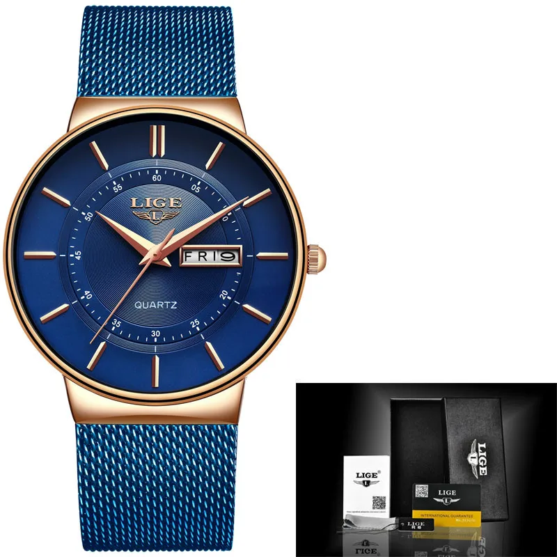 LIGE Mens    Waterproof Ultra Thin Date Clock Male Steel Strap Casual Watch Men  - £88.23 GBP