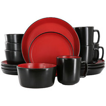 Elama Bacarra 16 pc Stoneware Dinnerware Set in Two Tone Black &amp; Red - £55.69 GBP