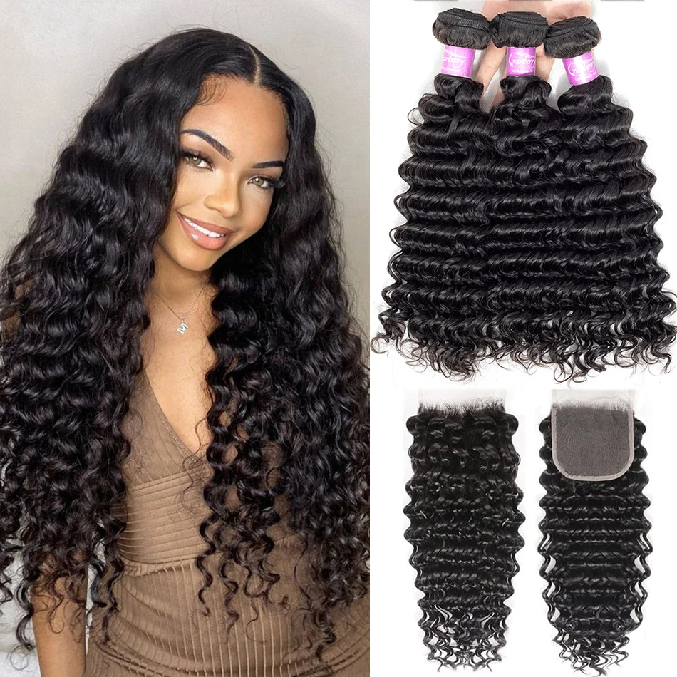  deep wave bundles with closure 100 remy malaysian human hair bundles with closure free thumb200
