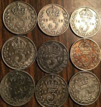 1911 To 1919 Set Of 9 Uk Gb Great Britain Silver Threepence Coins - £30.72 GBP