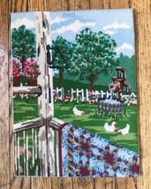 Vtg Candamar Quilt Porch Picture Finished Needlepoint Hens In Yard Water... - £31.03 GBP