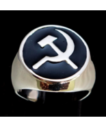 Sterling silver flag ring Hammer and Sickle communist symbol USSR on Bla... - $176.58 CAD