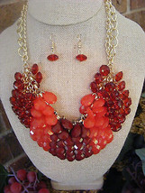 Goldtone Chain Red, Coral, Ruby Red Waterfall Drop Necklace &amp; Earrings - £9.21 GBP