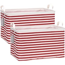 Collapsible Canvas Fabric Storage Basket With Handles, Red Stripe, Sea Team - $37.96