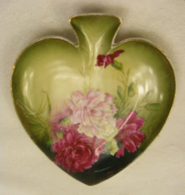 Vintage Porcelain Heart Shape Vanity Tray Bavaria Green with Pink Roses 21a - $24.74