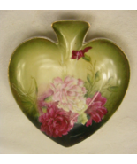 Vintage Porcelain Heart Shape Vanity Tray Bavaria Green with Pink Roses 21a - $460.95 MXN